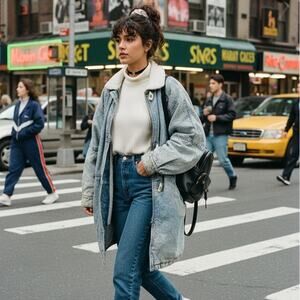 Venezia Sportswear Vintage 90s Acid Wash Denim Fleece Lined Parka Jacket 22/24